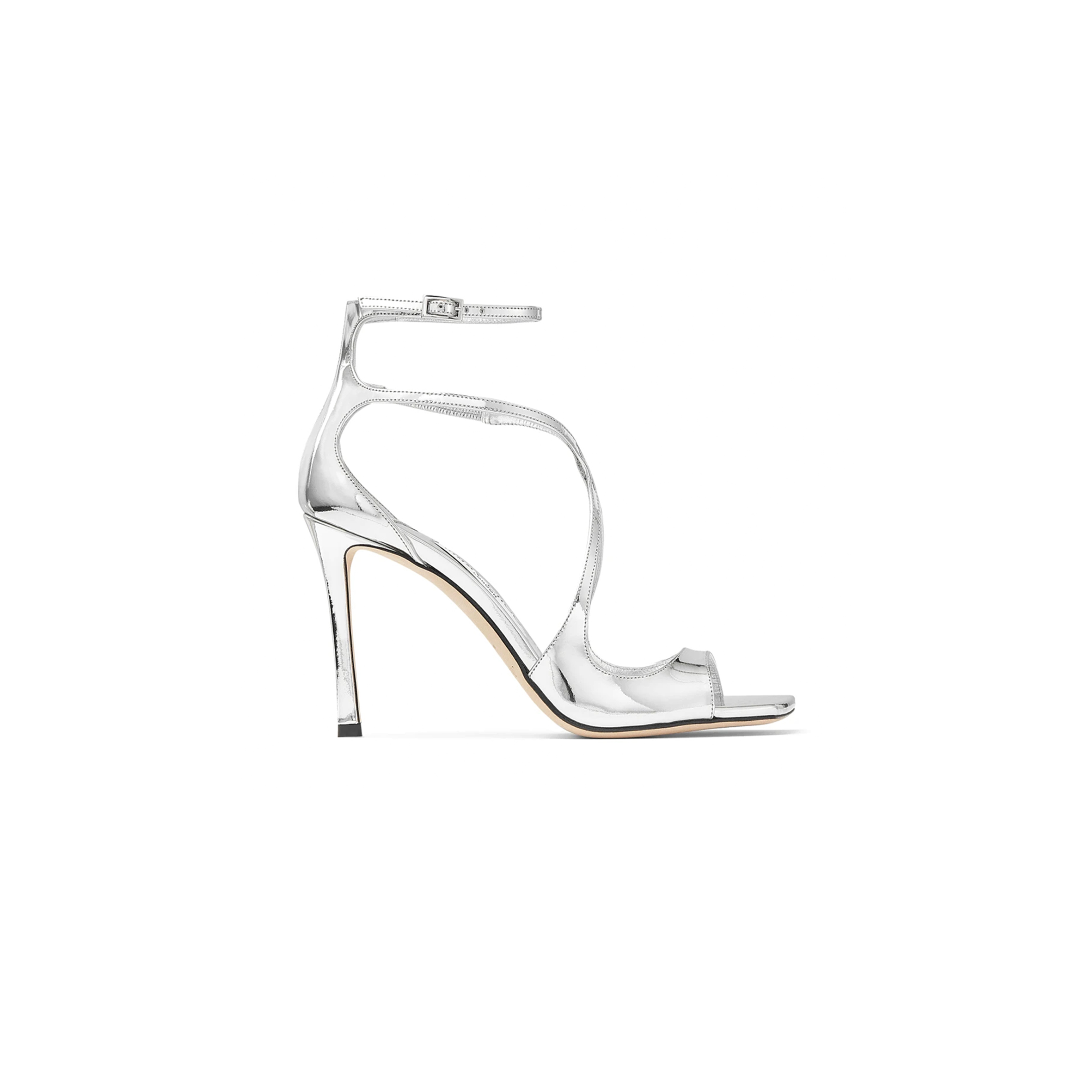 JIMMY CHOO AZIA 95 SILVER LIQUID METAL LEATHER SANDALS AZIA95QUI